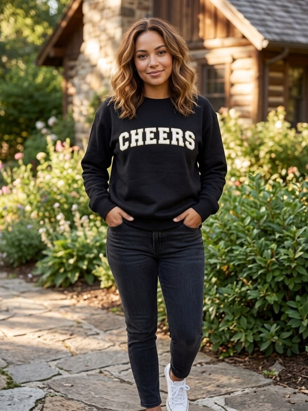 Universal Thread Black Crewneck Sweatshirt with Cream CHEERS Lettering